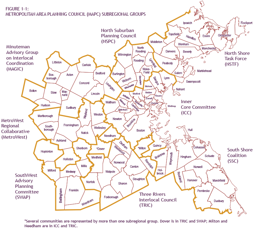 - Figure 1-1: Metropolitan Area Planning Council (MAPC) Subregional Groups: Metropolitan Area Planning Council (MAPC) Subregional Groups map: This figure displays the 101 cities and towns that make up this area. Those municipalities are divided into eight subregional areas.
